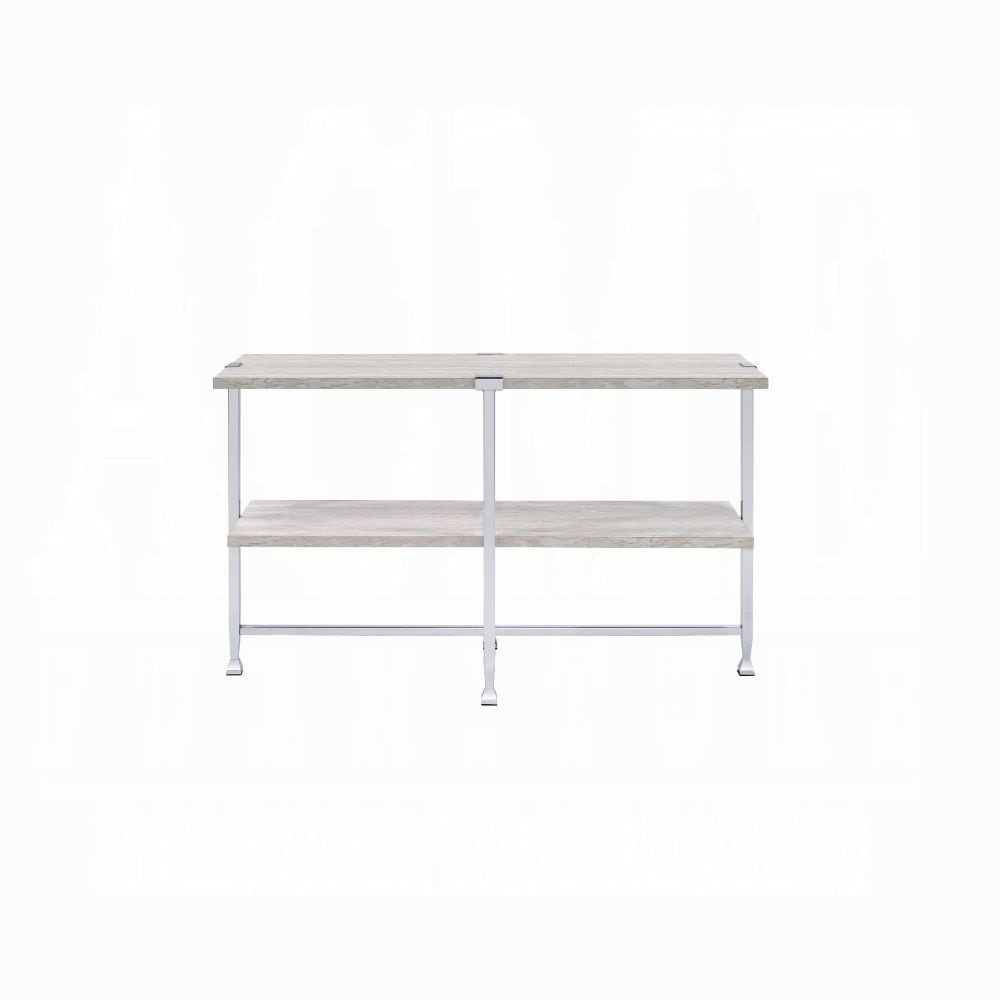 Contemporary Sofa Table With Shelf And Wooden Top Chrome Metal Frame For Living Room