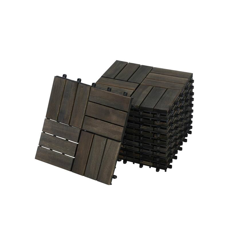12" x 12" Dark Brown Acacia Wood Interlocking Deck Tiles Checker Pattern