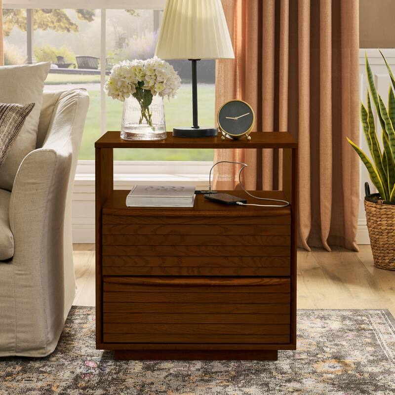 Mid-Century Modern Nightstand with Charging Station,Outlet Hole and 2 Solid Wood Drawers