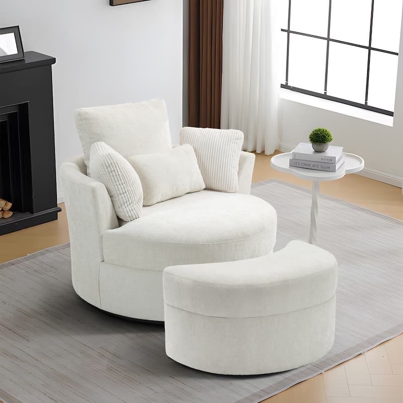 Upholstered Swivel Accent Chair with Wooden Tray Storage Ottoman - Chair & Ottoman Sets - BEIGE/Corduroy Armrest Pillow