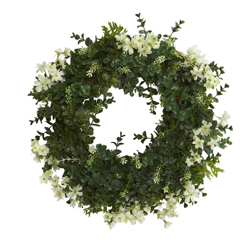 Green Eucalyptus and Daisy Twig Spring Floral Wreath, 18-Inch, Unlit