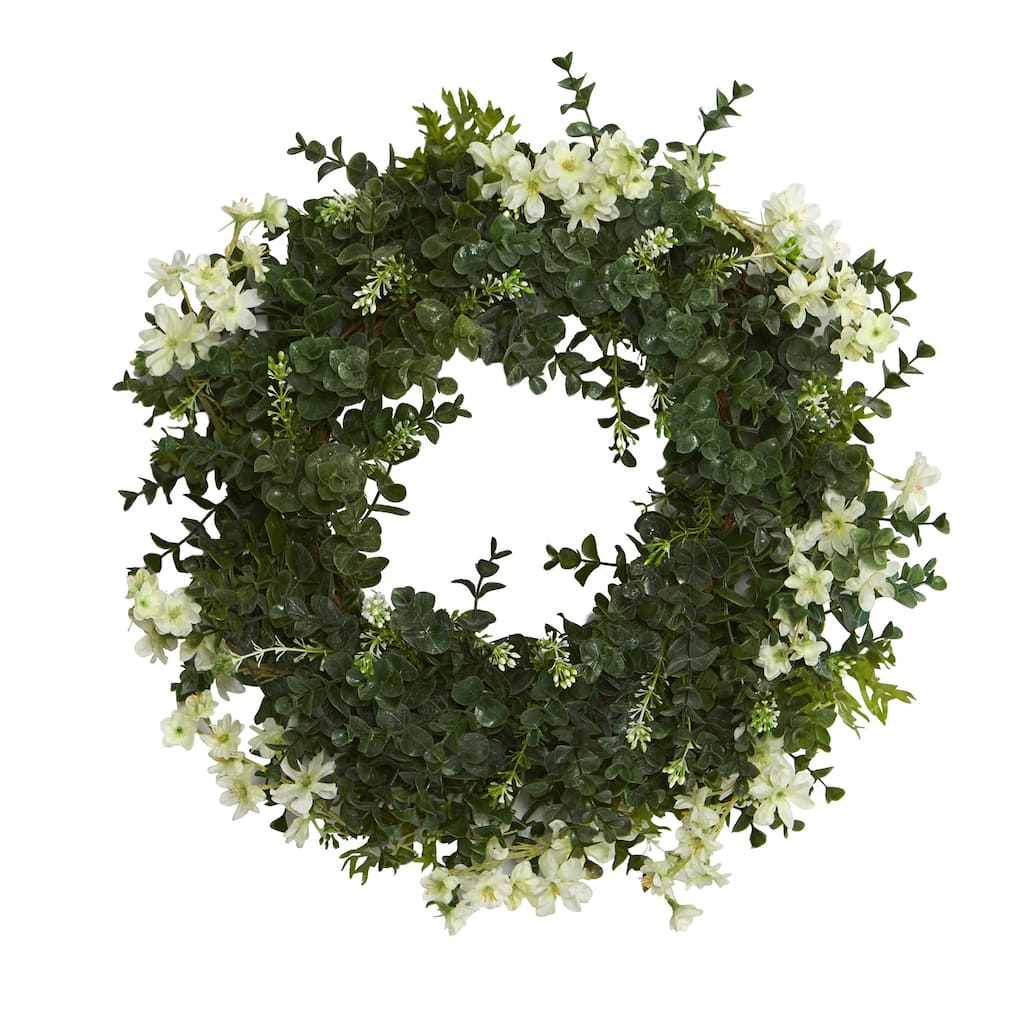 Green Eucalyptus and Daisy Twig Spring Floral Wreath, 18-Inch, Unlit
