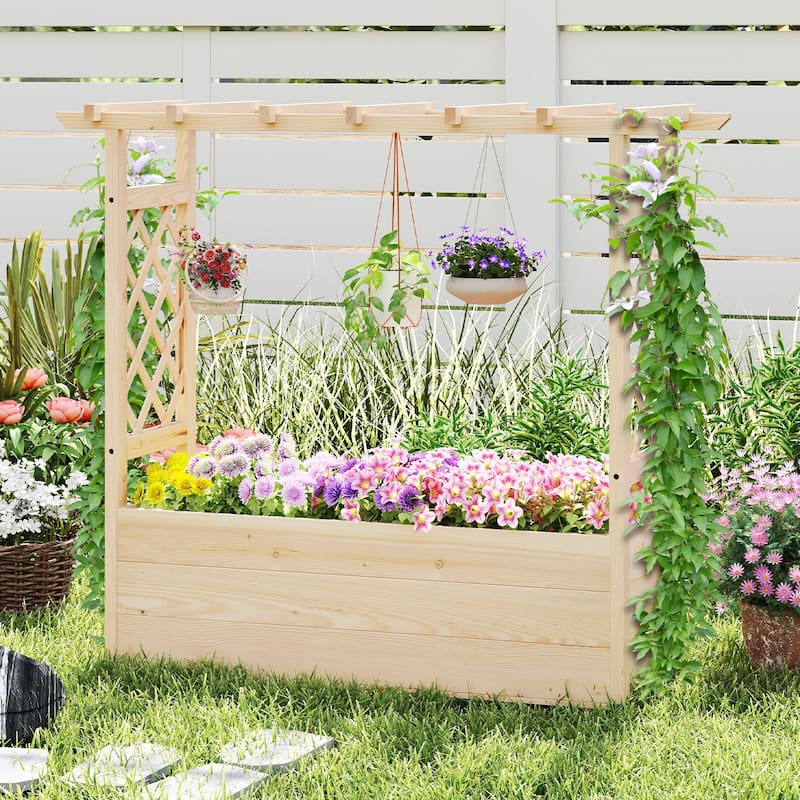 Gymax 2PCS Wooden Raised Garden Bed/ Lattice Trellises Hanging Roof