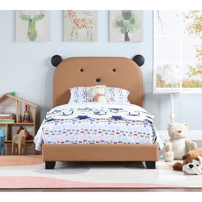 Twin Size Bear Design Upholstered Platform Bed with Slatted Bed Base