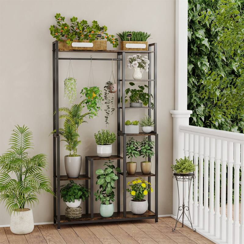 Tall Indoor Plant Stand Flower Holder Storage Stand with Hanging Rod or Clothes Rack