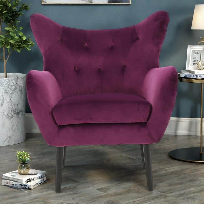 Velvet Mid-Century Armchair with Button and Tufted Wingback Design - Fuchsia