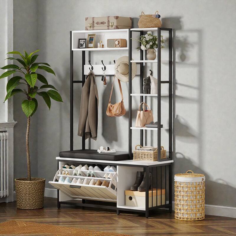 Hall Tree with Bench and Shoe Storage, Entryway Coat Rack with Flip Shoe Cabinet, Cubby Shelves and Hooks