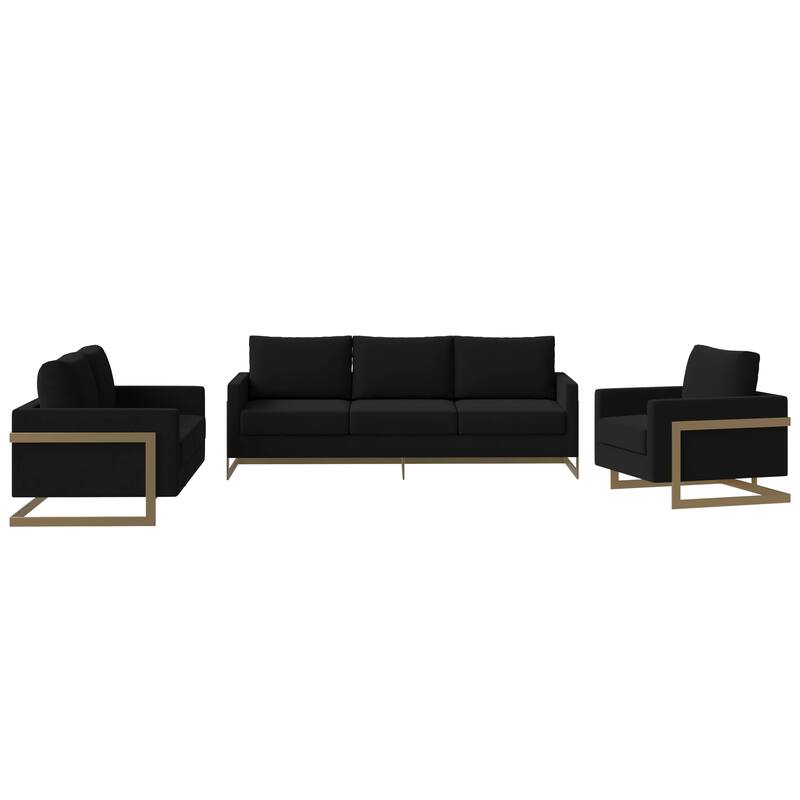 3-Piece Velvet Sofa Set with Gold Stainless Steel Base and Removable Cushions