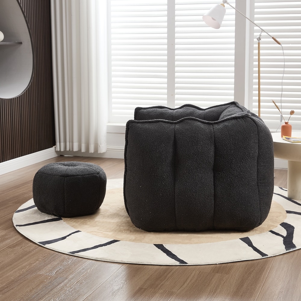 Extra-Large Chenille Bean Bag Chair with Footstool, Comfy Bean Bag Sofa for Adults, High Resilient Foam Square Lazy Sofa