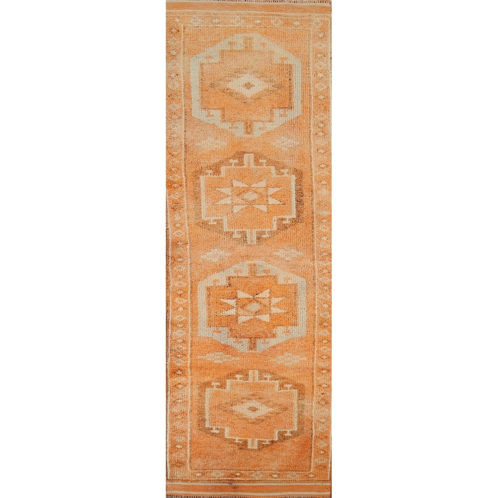 Anatolian Turkish Vintage Runner Rug Hand-Knotted Orange Wool Carpet - 3'3"x 11'6"