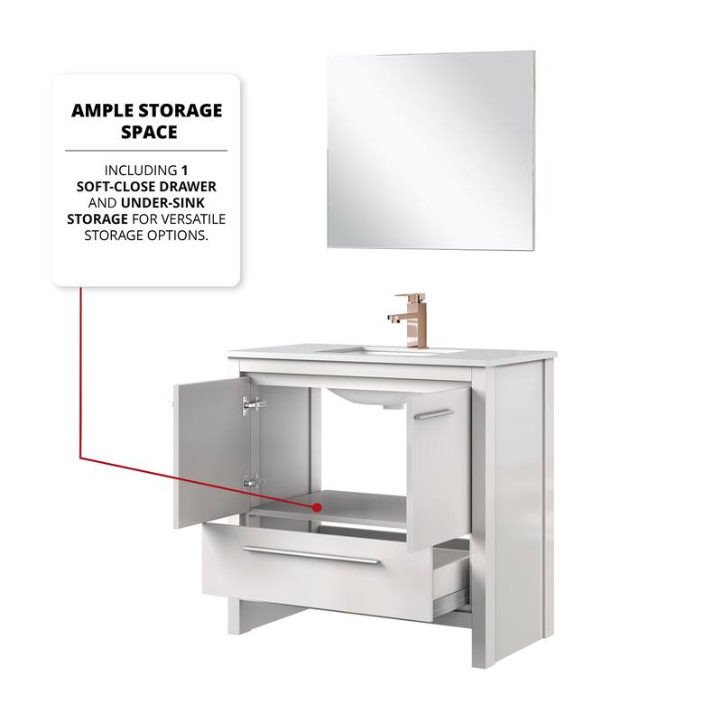 Lafarre Bath Vanity with Cultured Marble Top, Sink, Mirror and Rose Gold Faucet