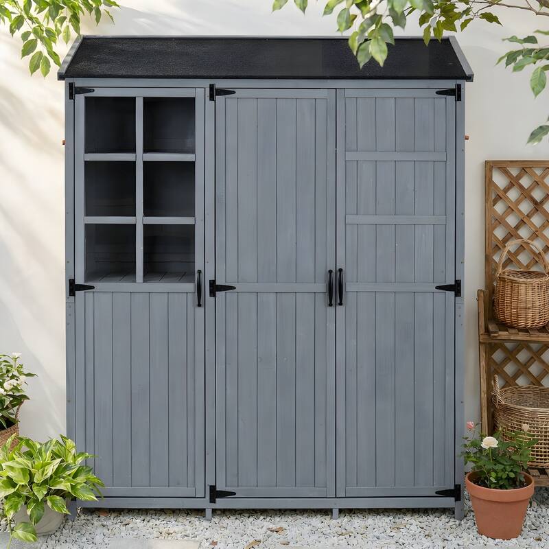 72" Large Patio Garden Shed with Waterproof Roof, Outdoor Storage Cabinet with Workstation & Hooks