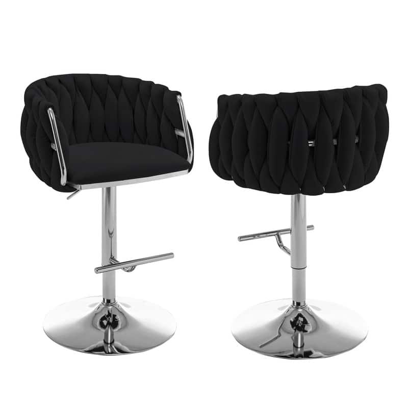Best Quality Furniture Adjustable Velvet Upholstered Barstool w/ Chrome Finish Base (Set of 2) - Black / Silver
