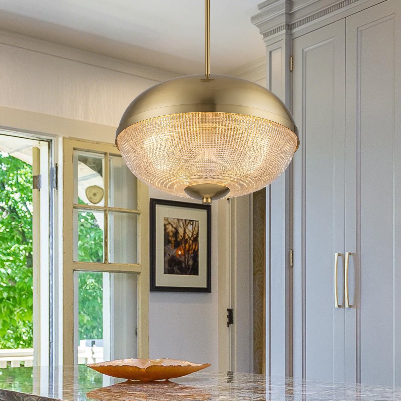 Modern Industrial 3-Light Gold Dome Globe Pendant Light with Grid-Textured Glass for Kitchen Island Dining Room