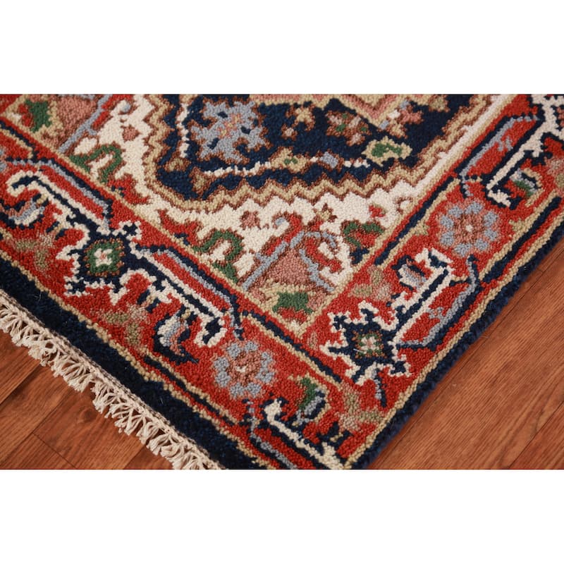 Hand Knotted Oriental 100% Wool Carpet Traditional Medallion Navy Blue & Blues Heriz (serapi) Area Rug - 3' 0'' X 2' 0''