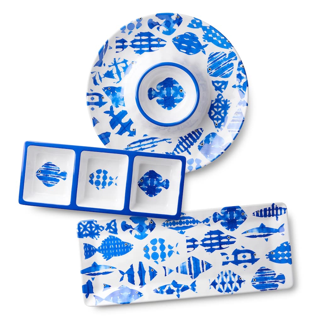 Certified International Fish Tale Melamine 3 Piece Hostess Set - 19.00"L x 8.00"W x 0.75"H