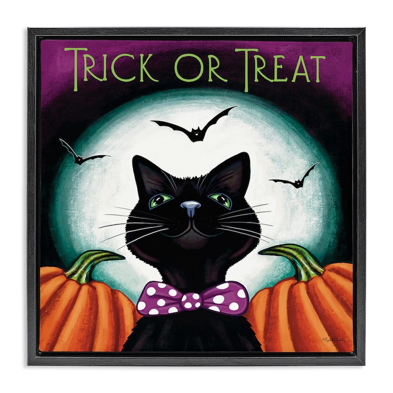 Stupell Trick Or Treat Cat Framed Floater Canvas Wall Art Design By Elizabeth Tyndall - 25 x 25 - Black