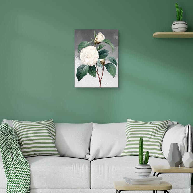 White Common Camellia Grey Canvas Art Print