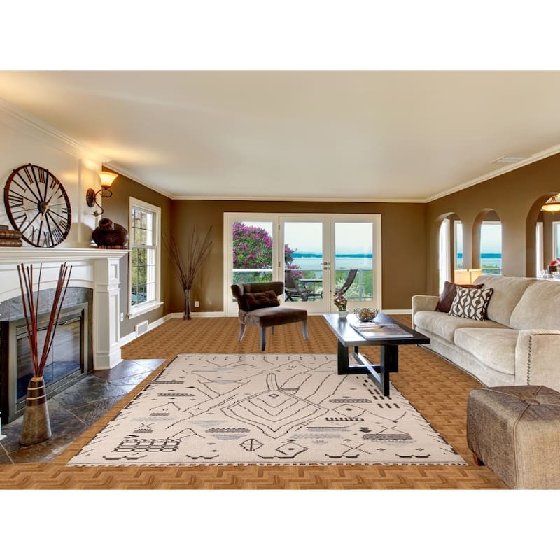 Ivory Moroccan Area Rug Handmade Abstract Wool Carpet - 6'11"x 10'4"