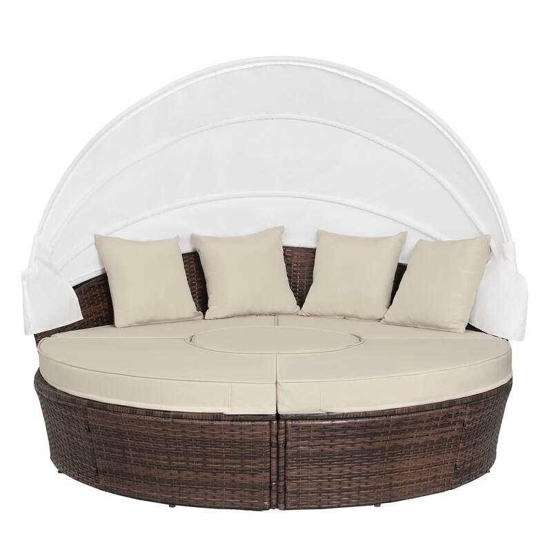 Ledel Wicker Outdoor Daybed 5-piece Sectional Sofa Set With Retractable Canopy and Cushions