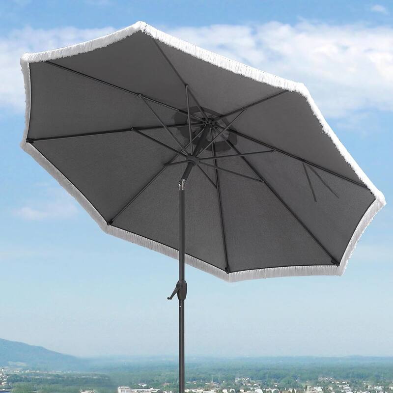 PURPLE LEAF 9 ft Patio Umbrella Outdoor Table Fringe Tassel Umbrellas with Tilt Button - Grey