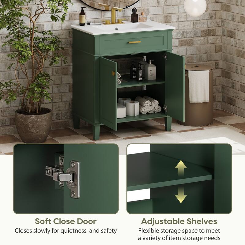 30-inch bathroom vanity with ceramic basin, soft close door and adjustable shelves