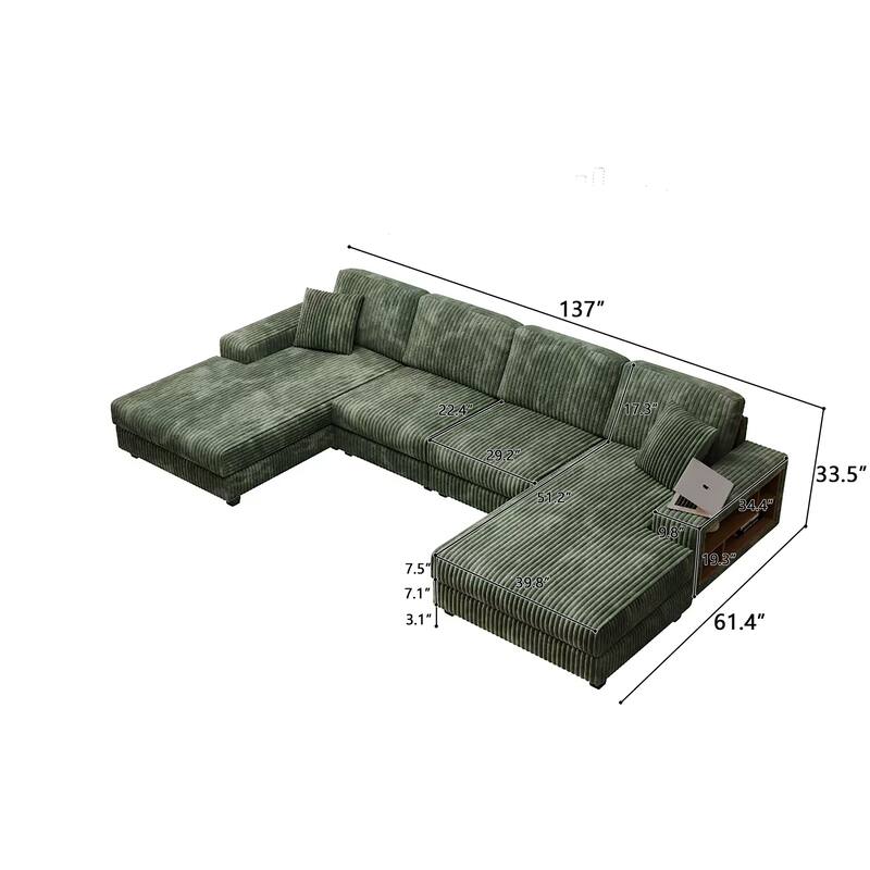 139.76" Corduroy U-Shape Sectional Sofa with Storage Armrests and Pocket Spring Cushions