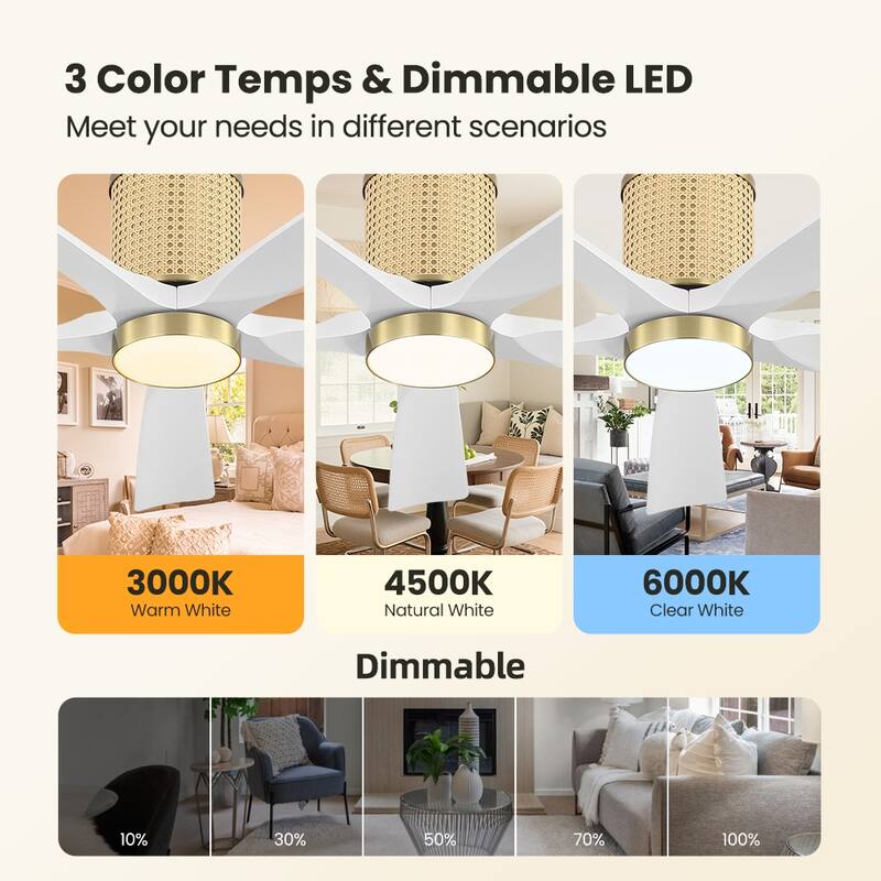 MLiAN 5 Solid Wood Blades Ceiling Fan with Lights Remote Control 6-Speed DC - 54''