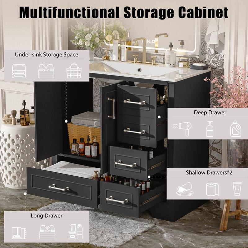 36-Inch Classic Bath Vanity Set – Ceramic Vessel Sink, Blue Two-Door Cabinet with Soft-Close Hinges & Four Storage Drawers