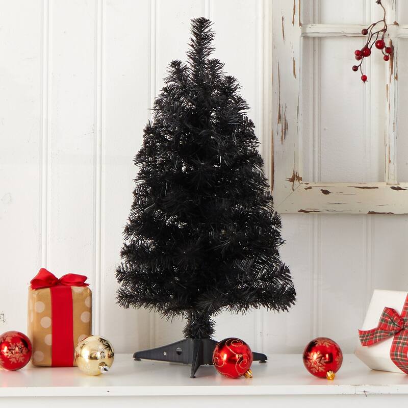 2ft. Black Artificial Christmas Tree with 35 LED Lights & 72 Branches - Bold Modern Holiday X-Mas Décor