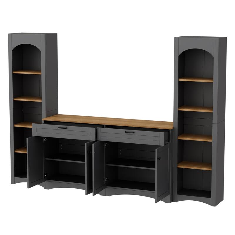 Large TV Stand Display Cabinet Set for TVs Up to 70", Wood Media Console Table Entertainment Center with Cabinet, 2 Drawers