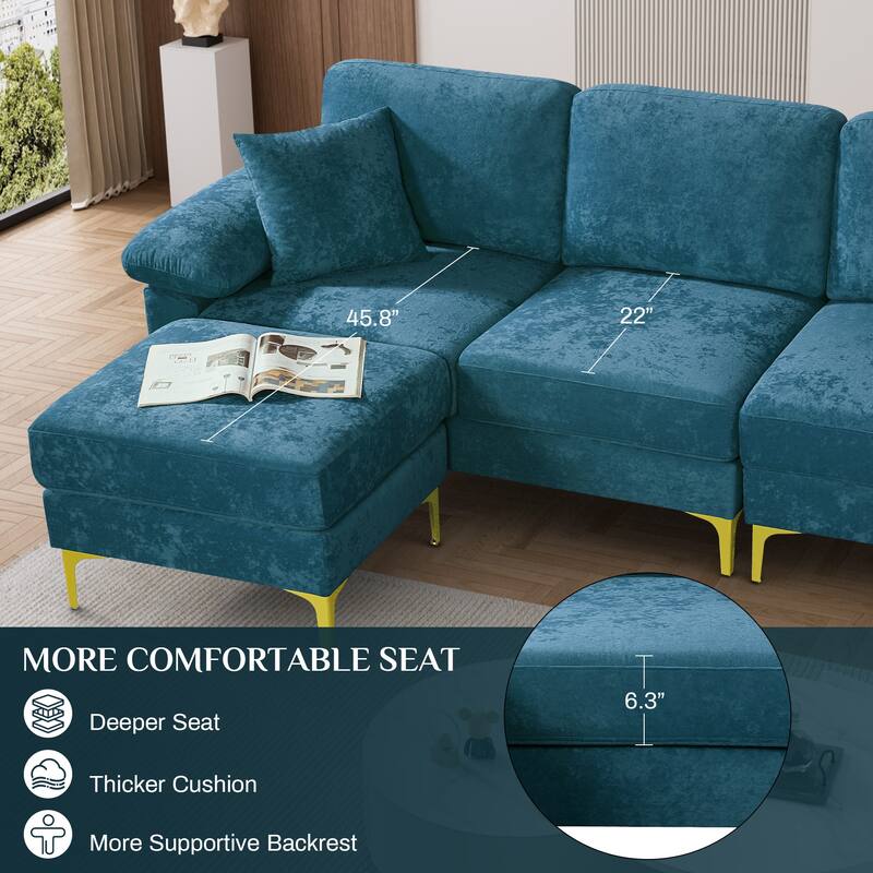 Ouyessir 2-Pieces Upholstered Velvet Sectional Sofa with 2 Pillows & Ottoman