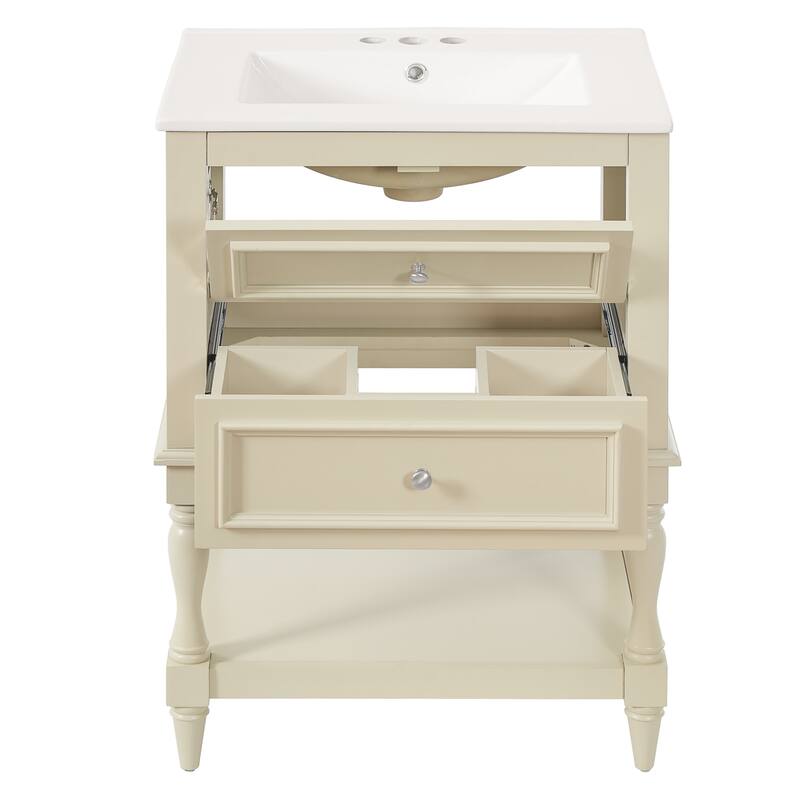 24" Retro Bathroom Vanity with Ceramic Sink & 2 Drawers - Solid Wood Storage Cabinet with Open Shelf
