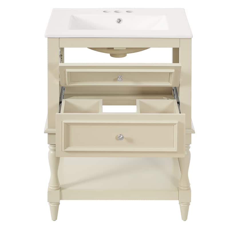 Retro Small Bathroom Vanity with Open Shelf, Ceramic Sink Cabinet