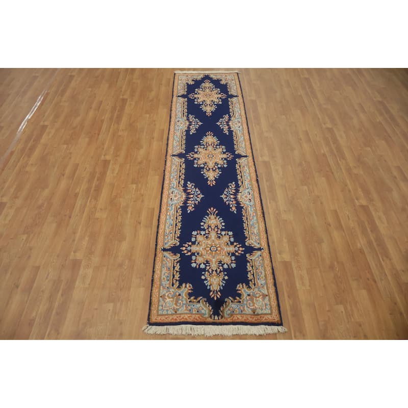 Hand Knotted Oriental 100% Wool Carpet Traditional Floral Navy Blue & Blues Kerman Runner Rug - 9' 10'' X 2' 5''