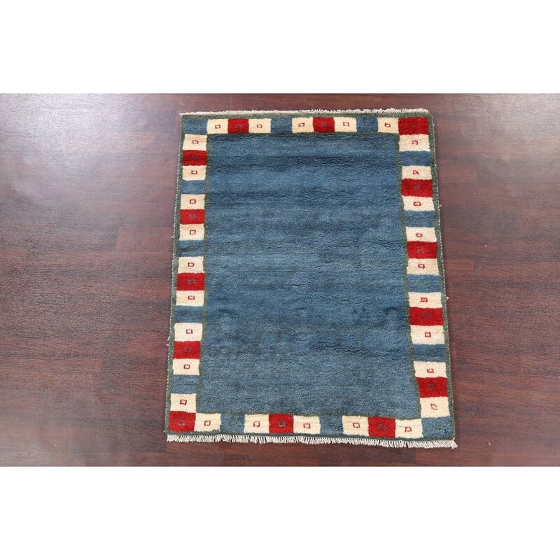 Hand Knotted Oriental 100% Wool Carpet Modern Bordered Navy Blue & Blues Gabbeh Area Rug - 5' 0'' X 3' 11''