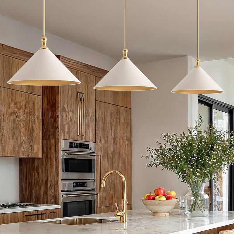 Giza Modern Pendant Light - Metal & Gold, White Cone Light Fixture For Mid-Century, Modern, Contemporary Room Decor - 17"