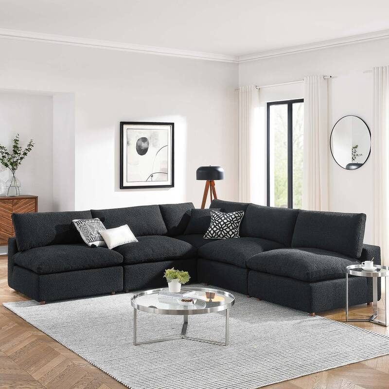 Commix Down Filled Overstuffed Boucle Fabric 5-Piece Sectional Sofa - Black