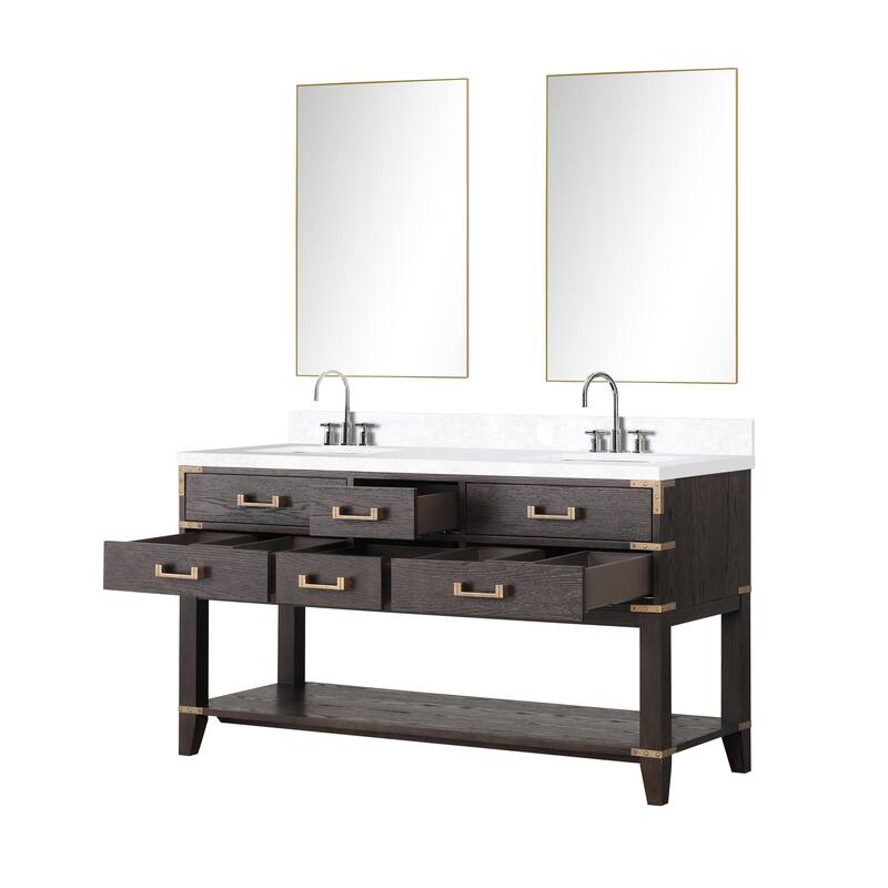 Norwalk 60 in W x 22 in D Black Oak Double Bath Vanity, Cultured Marble Top, Faucet Set, and 28 in Mirrors