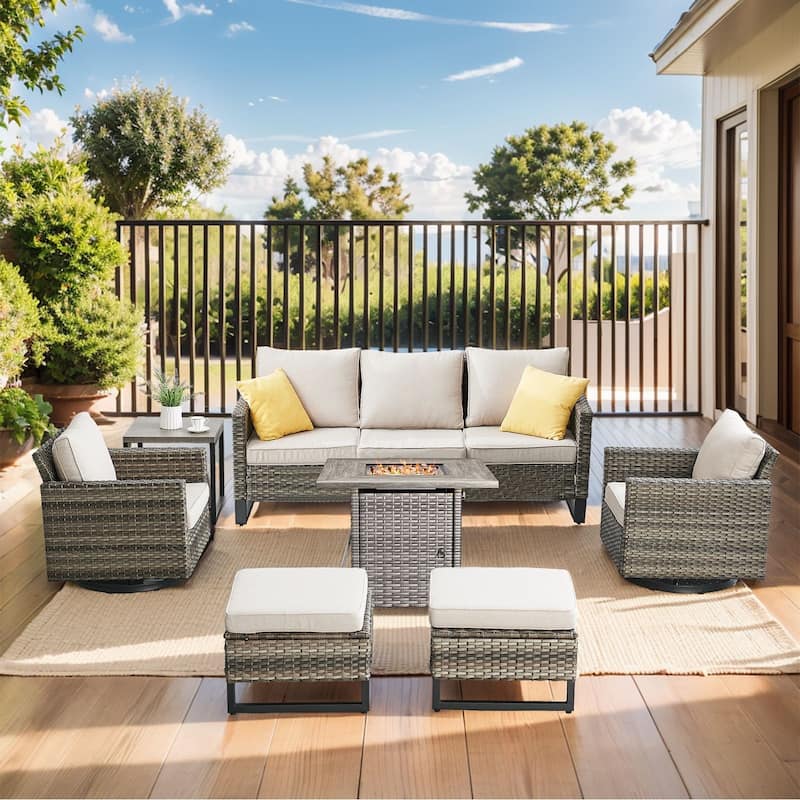 Outdoor Pocassy Sofa Chairs Set with Fire Table - Grey Wicker Beige Cushion - 7 Pieces