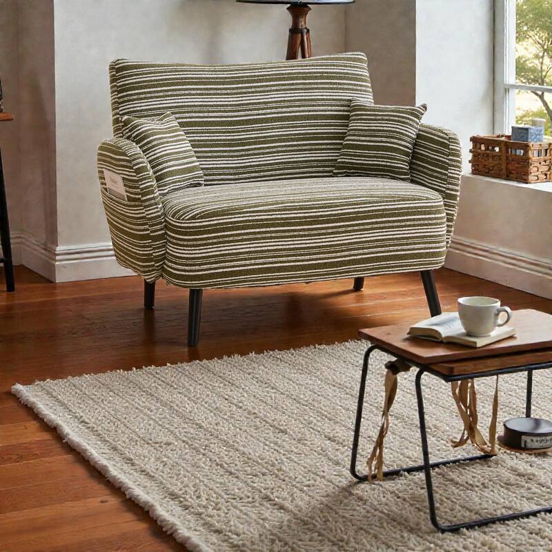 Modern Boucle 2-Seater Sofa with Storage Pockets, Deep-Seated Small Couch with Armrest Pillows for Apartments