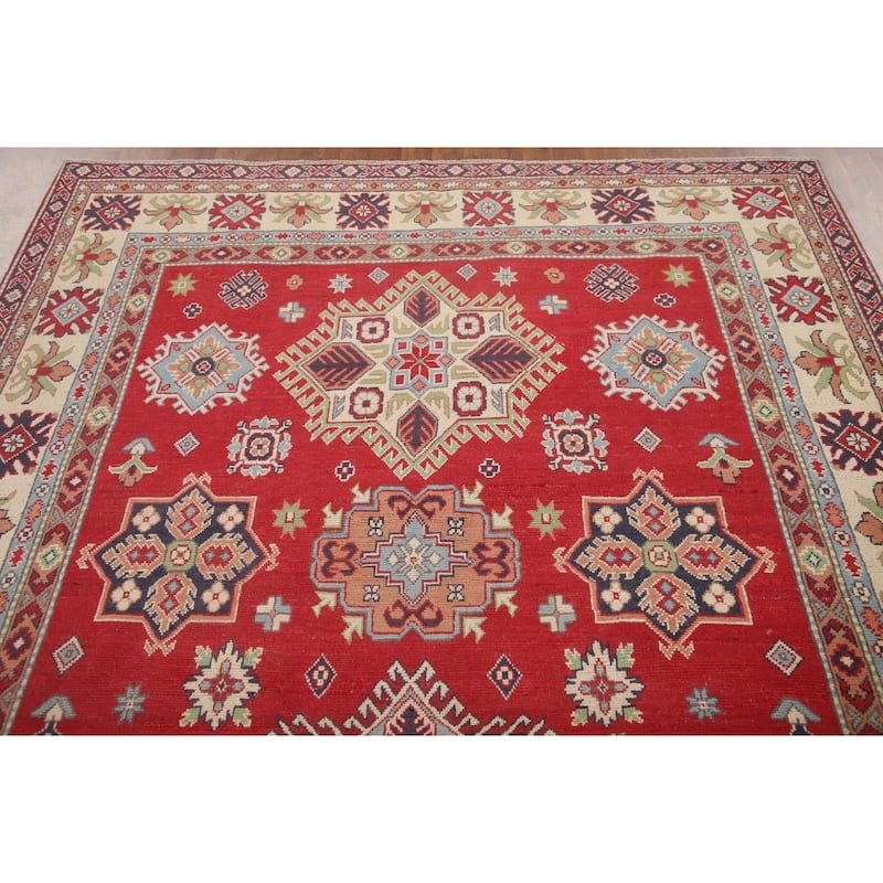 Hand Knotted Oriental 100% Wool Carpet Traditional Geometric Red Kazak Area Rug - 10' 2'' X 6' 4''