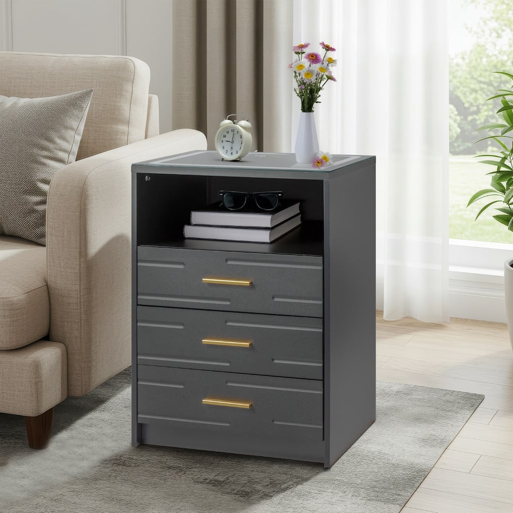 EROMMY Smart Nightstand with Wireless Charging, USB Ports, and Adjustable LED Lighting – Modern Bedside Table with 3 Drawers