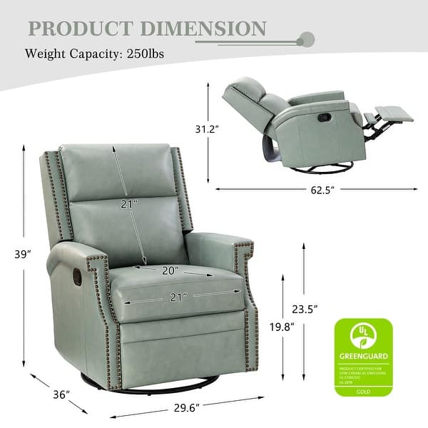 dimension image slide 11 of 13, Echidna 29.6" Transitional Genuine Leather Swivel Rocker Nursery Chair with Nailhead Trim by HULALA HOME