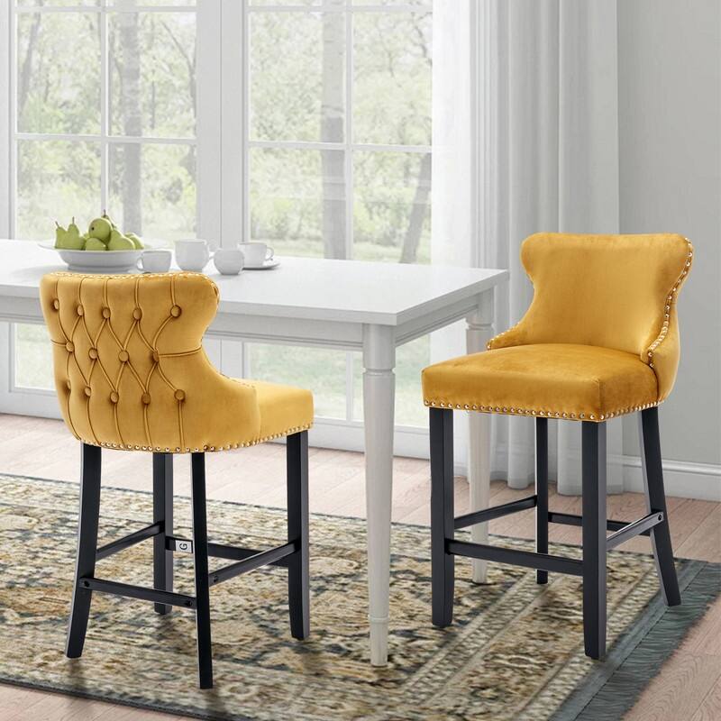 Button Tufted Velvet Wing-Back Barstools Set of 4