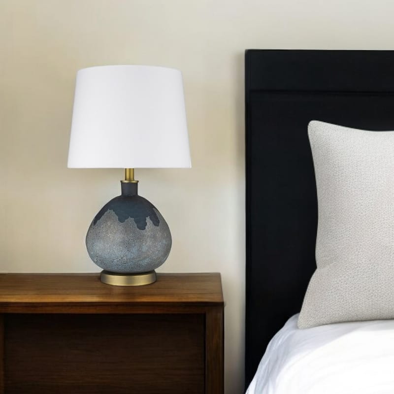 Contemporary Teal Blue Concrete Gourd Table Lamp with Empire Shade - 13" x 13" x 22.25" - Teal-Blue-Cream