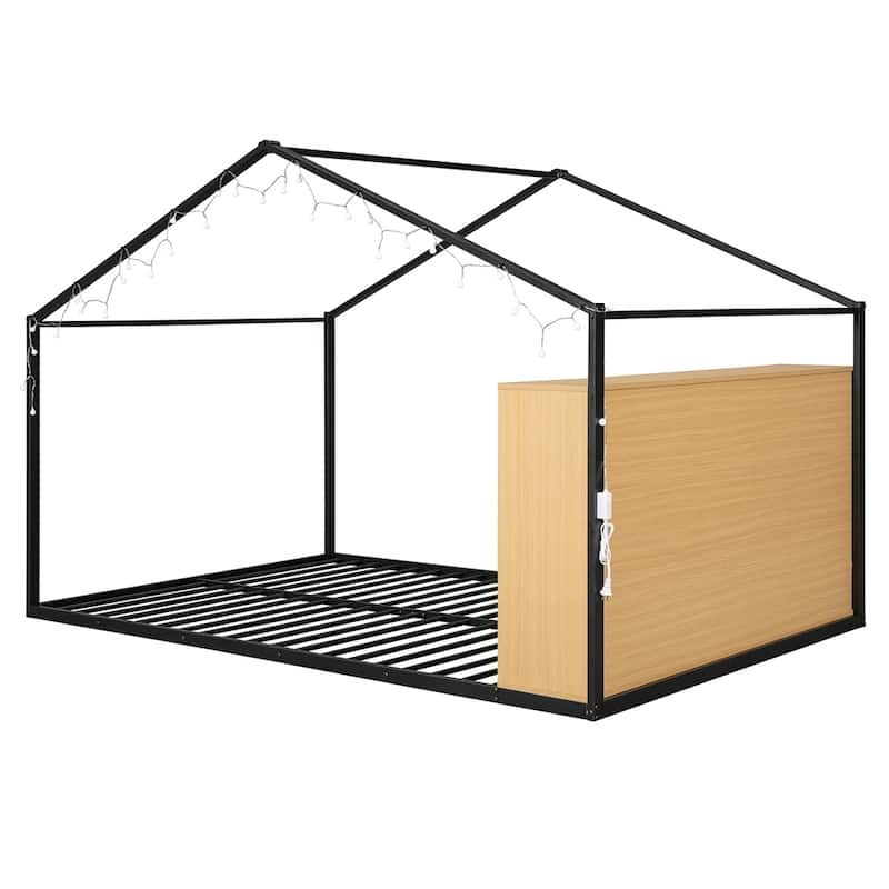 Full Size Metal Bed House Bed Frame with Shelves and Lights