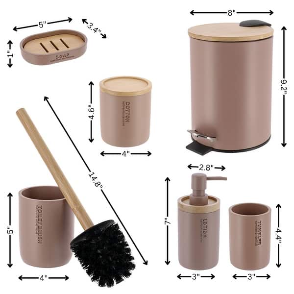 dimension image slide 2 of 9, Bathroom Accessories with Natural Accents, Modern 6-piece Set