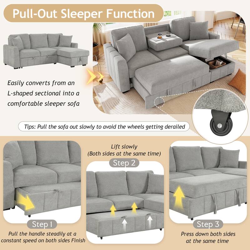 L-Shaped Convertible Sleeper Sectional Sofa with Reversible Storage Chaise and Drop-Down Console with Dual Cup Holders