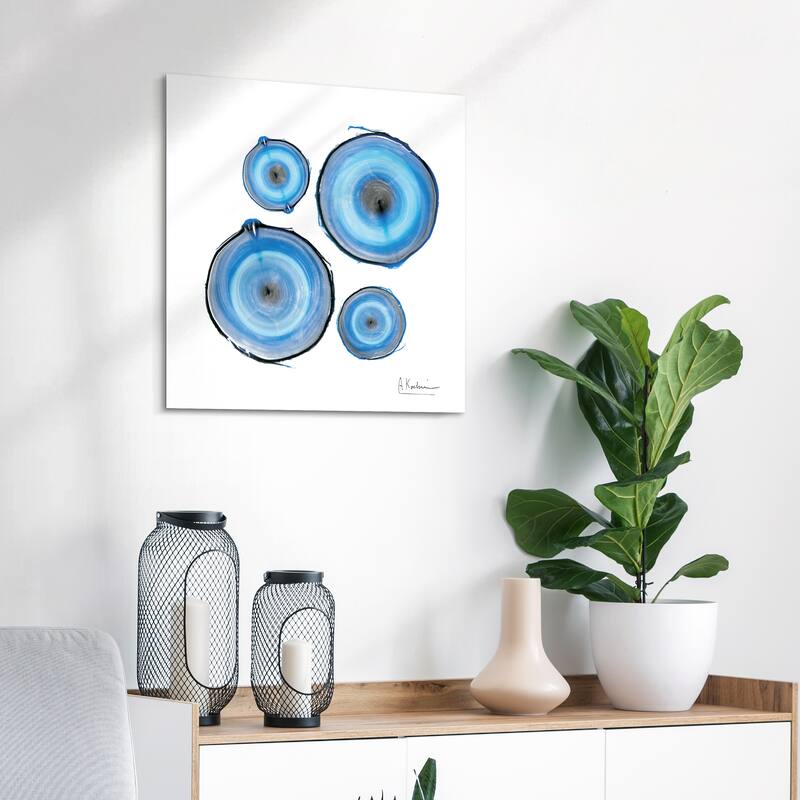 "Mineral Rings II" Abstract Wall Art on Frameless Free Floating Tempered Glass Panel - Blue